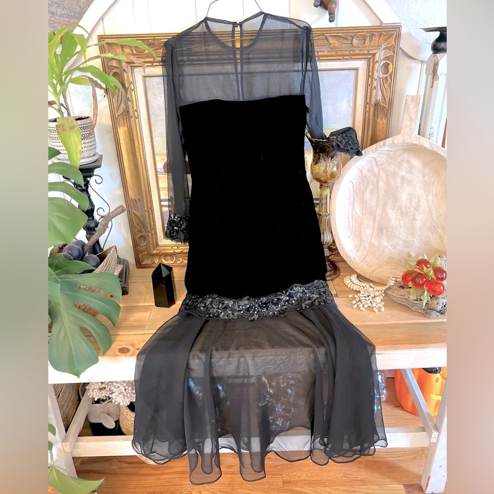 Vintage 1960’s Black Velvet Drop Waist Sheer And Sequins Long Sleeve Party Dress